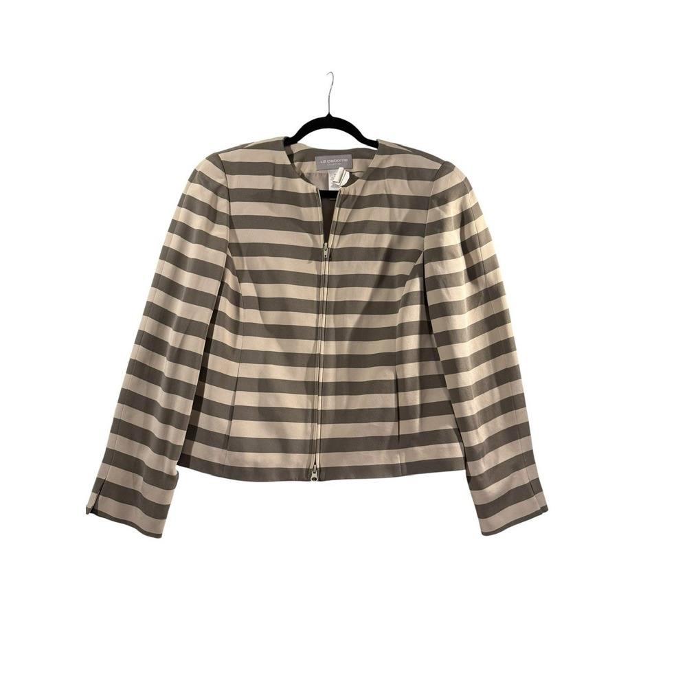 Liz Claiborne Silk Jacket Womens 14 Beige Striped Zip Career Blazer